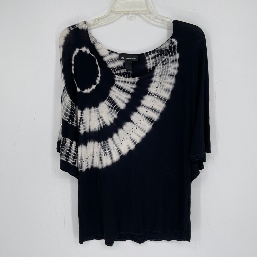 INC International Concepts Women's Black Tie Dye Dolman Rhinestone Blouse Size L